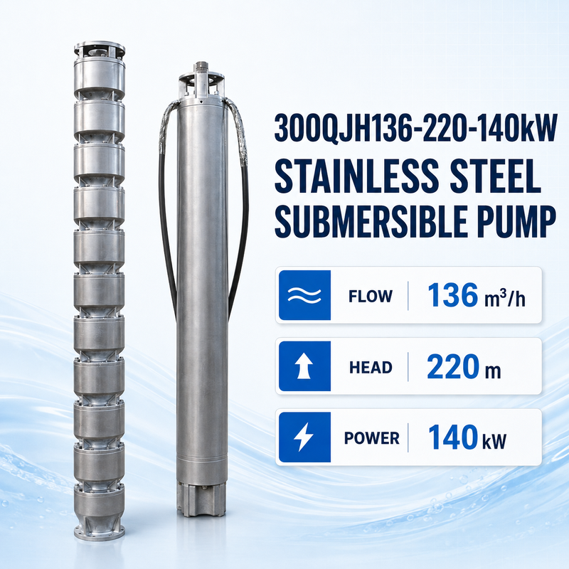 ปั๊มดําน้ําจากสแตนเลส 140 kW หัว 220 m และกระแส 136 m3/h สําหรับการใช้งานในบ่อน้ําลึก