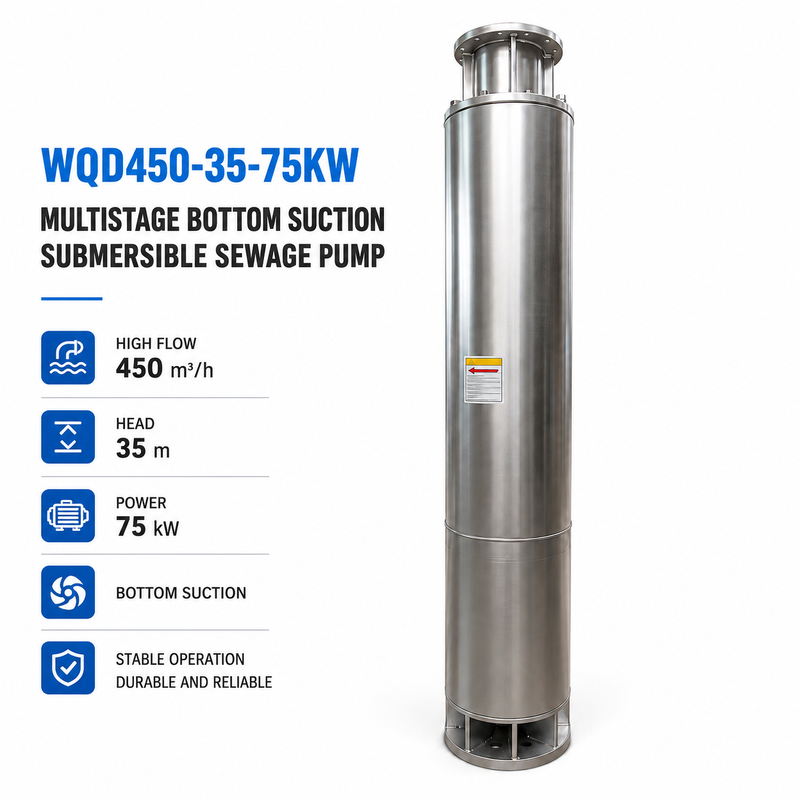 ปั๊มน้ำเสียแบบจุ่มใต้น้ำ WQD450-35-75KW แบบหลายขั้นตอน ดูดจากด้านล่าง พร้อมอัตราการไหล 450 ลบ.ม./ชม. และส่งน้ำได้สูง 35 เมตร